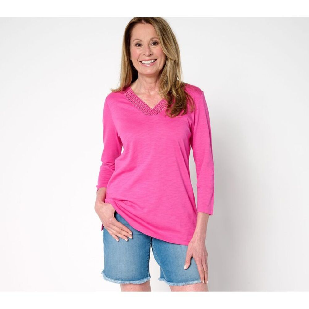 Liberare Women's Top Sz XL Slub Knit Braided Beauty V Neck Pink A686375